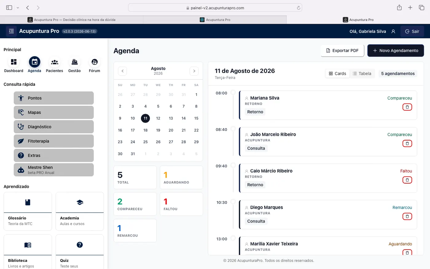 Agenda do consultório no Web App Acupuntura Pro