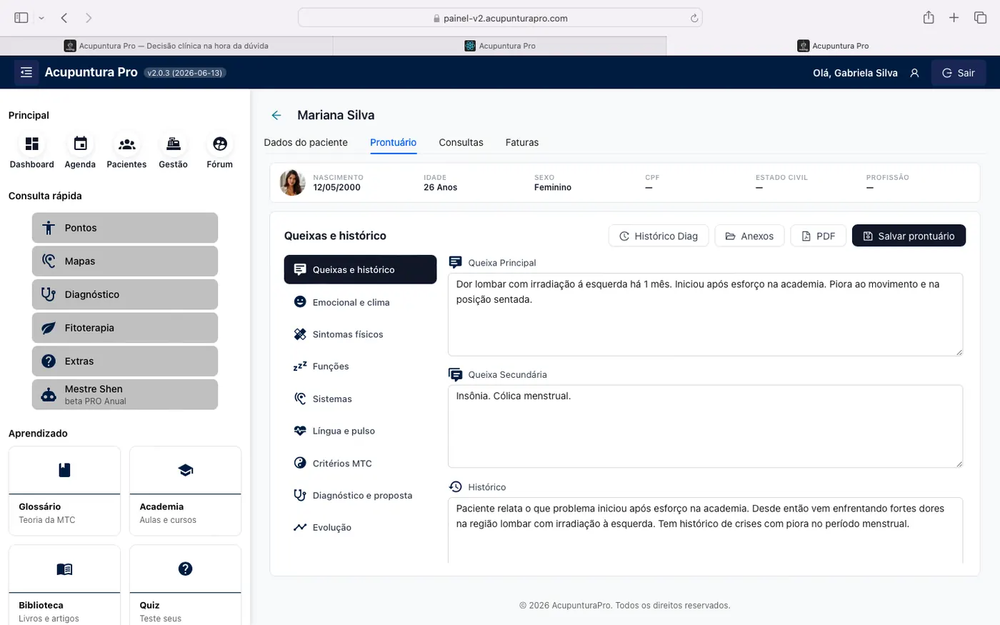 Prontuário de paciente no Web App Acupuntura Pro